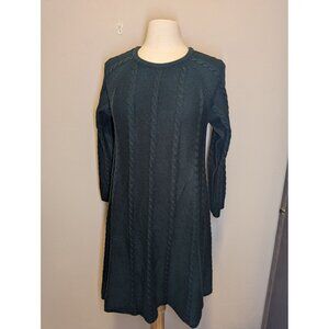 JH Design Medium Green Cable Knit Sweater Dress With 3/4 Sleeves & Round Neck